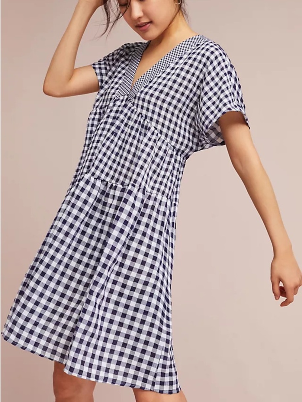 ANTHROPOLOGIE Gingham V Neck Swing Dress Blue White Size Medium